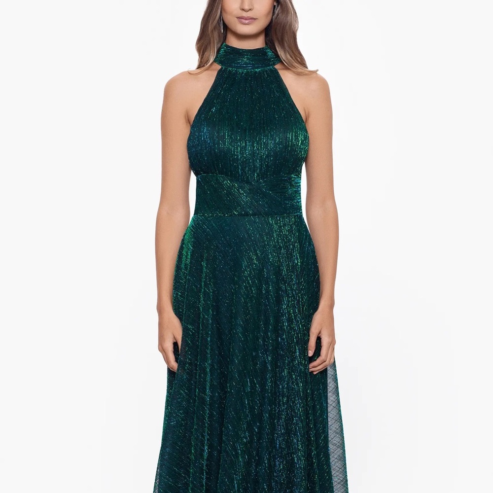 Betsy & Adam Jade Green Metallic Dress Halter Neck and Slit for formal events